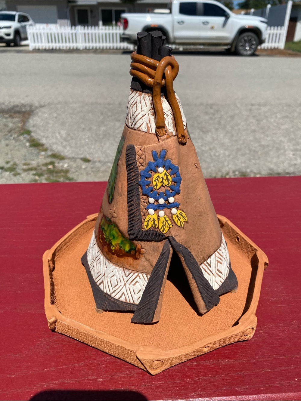 Handcrafted Tepee Figurine with Floral Accent - Tan, Blue, Yellow